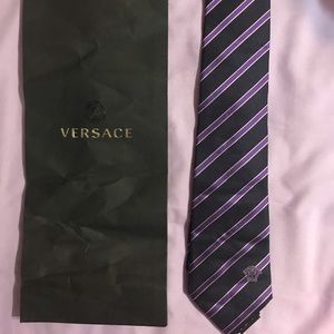 New Versace Navy Purple Striped Classic Tie Italy
